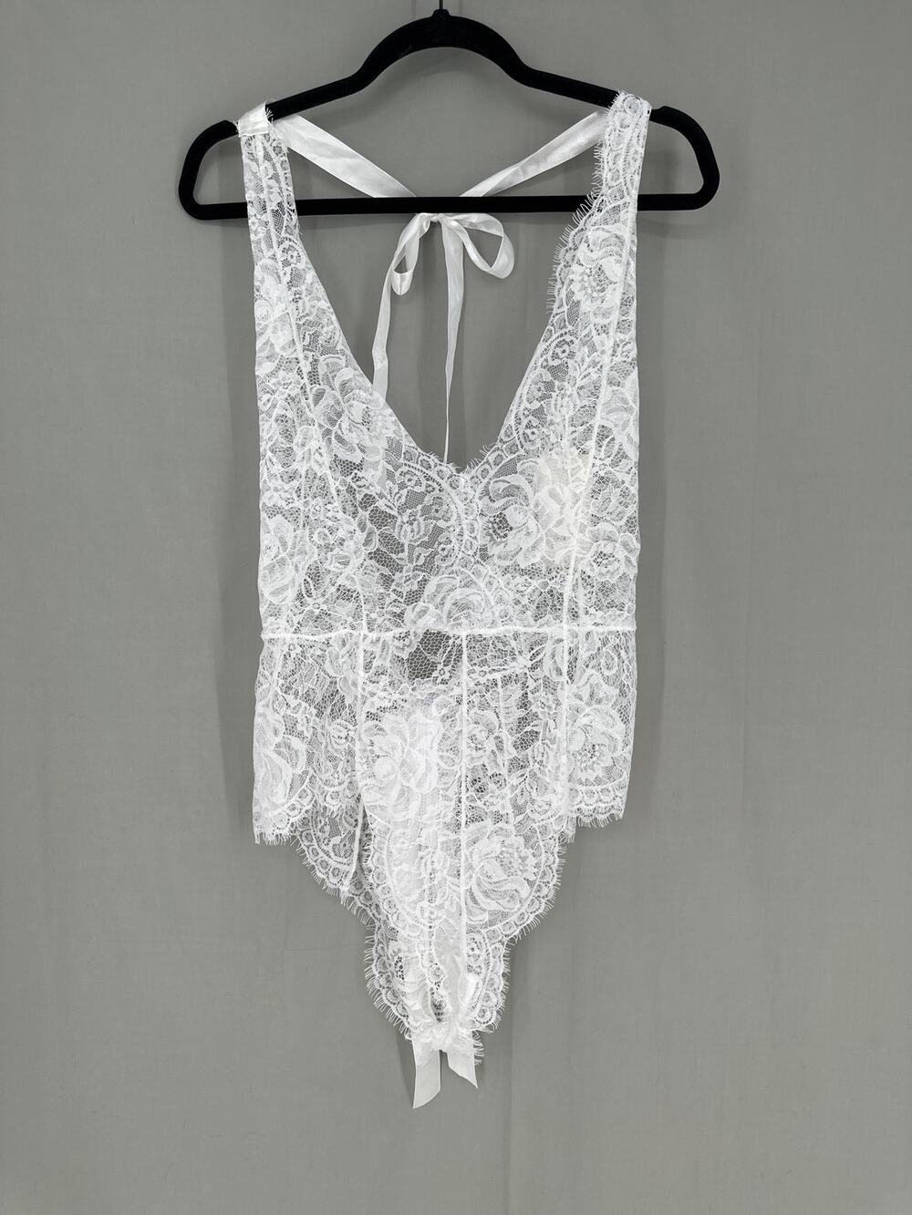 Oh La La Cherie Teddy Lingerie L XL White Eyelash Lace Halter Tie Bow Sheer New